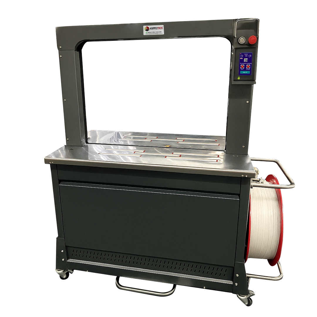 Arqueadora SPI-8560X com rolete e painel digital, bobina lateral vermelha e mesa de roletes