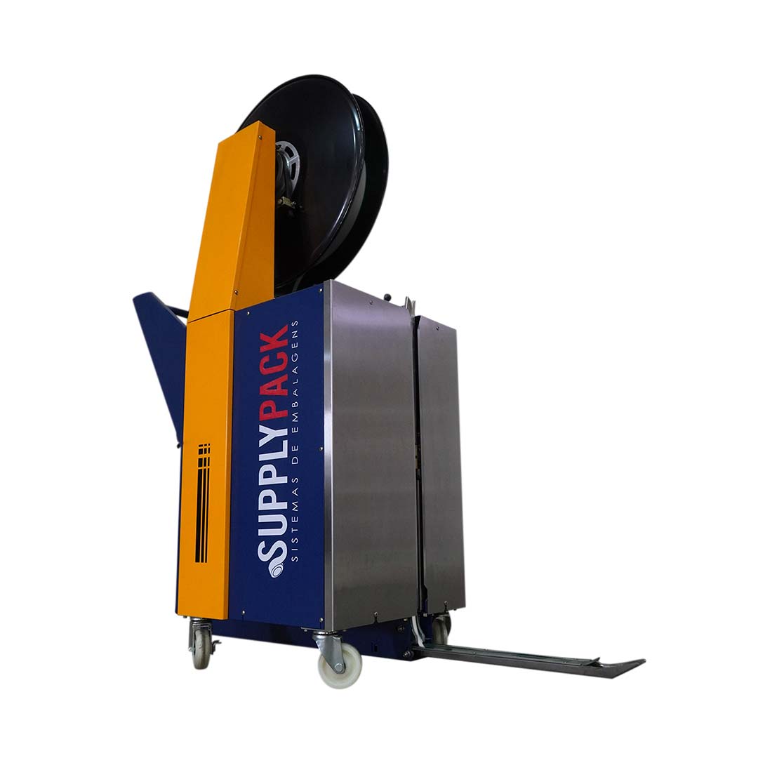 Arqueadora de paletes DBA-430A Supplypack em vista tridimensional com bobina de fita PP