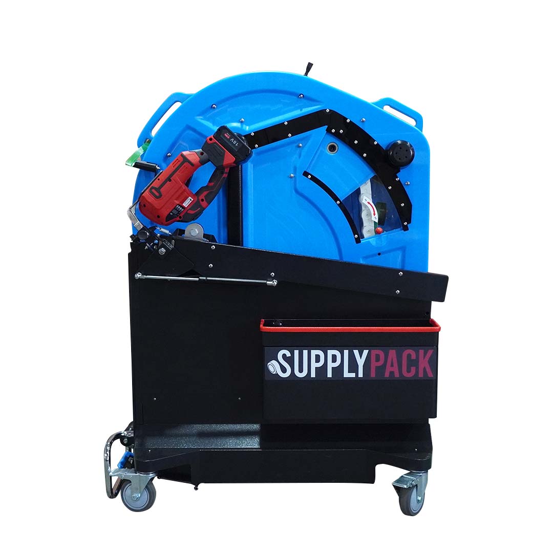 Vista frontal da SPG-800 com braço tensionador e gaveta Supplypack
